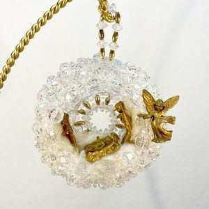 Vintage Miniature Nativity Scene Handcrafted  Beads Scene 4” Safety Pin Like Art